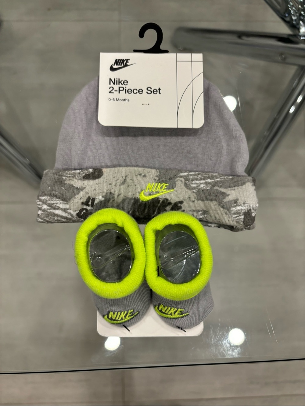 Nike Baby 2-Piece Hat & Booties Set - Gray with Neon Yellow Accents